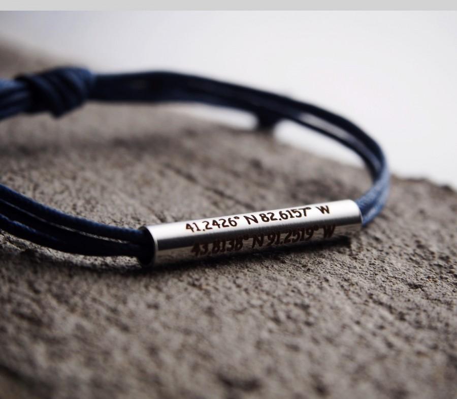 زفاف - Coordinates bracelet, Mens Latitude Longitude bracelet Navy Blue Leather, personalized Coordinate Bracelet, Couples Gifts, Stainless Steel