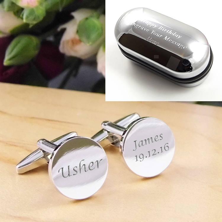 زفاف - Mens Personalised Usher Wedding Day Custom Engraved ROUND Cufflinks - Personalised Engraved Gift Box Available