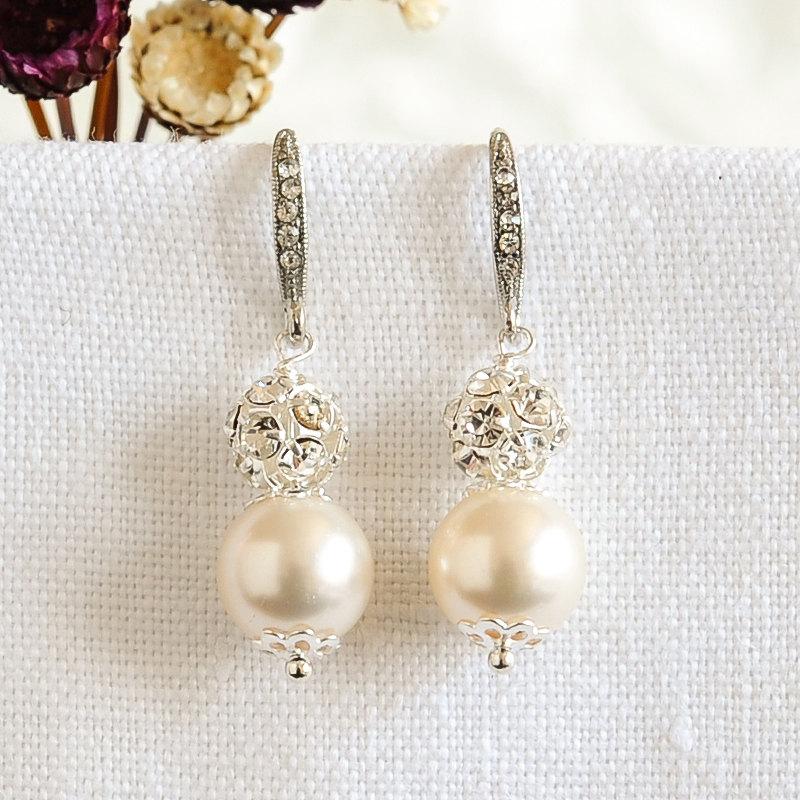 Wedding - Simple Bridal Earrings, Wedding Earrings, Bridal Pearl Earrings, Crystal Earrings, Swarovski Dangle Drop Earrings, Wedding Jewelry, BERIT