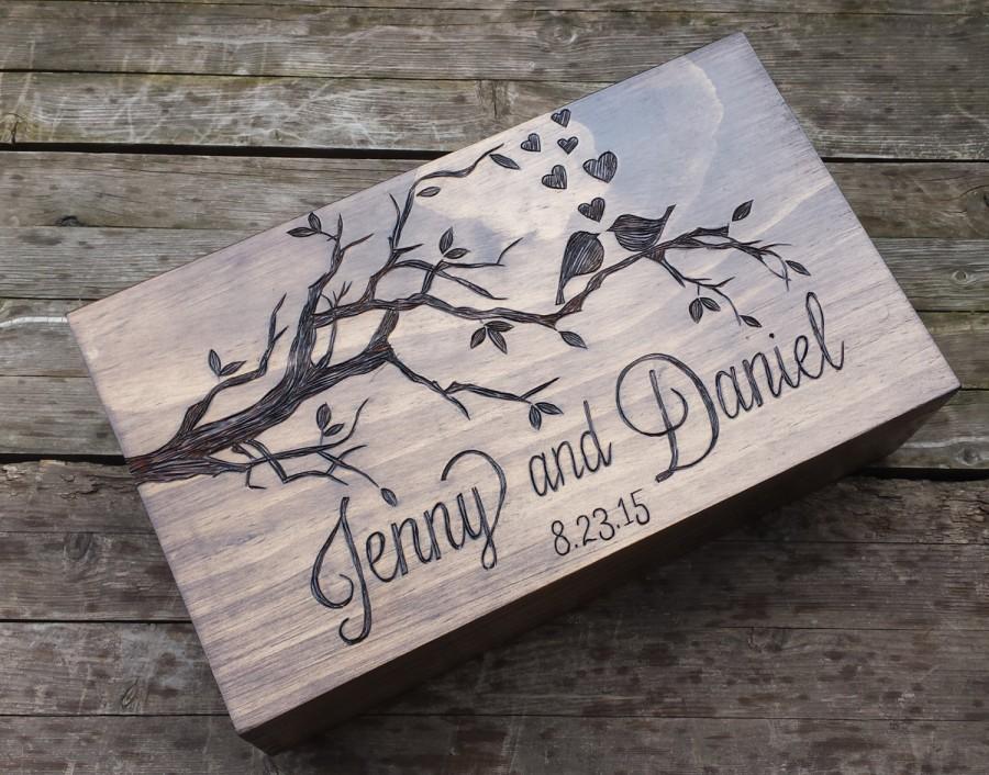 زفاف - Love birds double wedding wine box, wine box ceremony, rustic wine box, memory box, wine box, wedding ceremony wine box, card box, gift