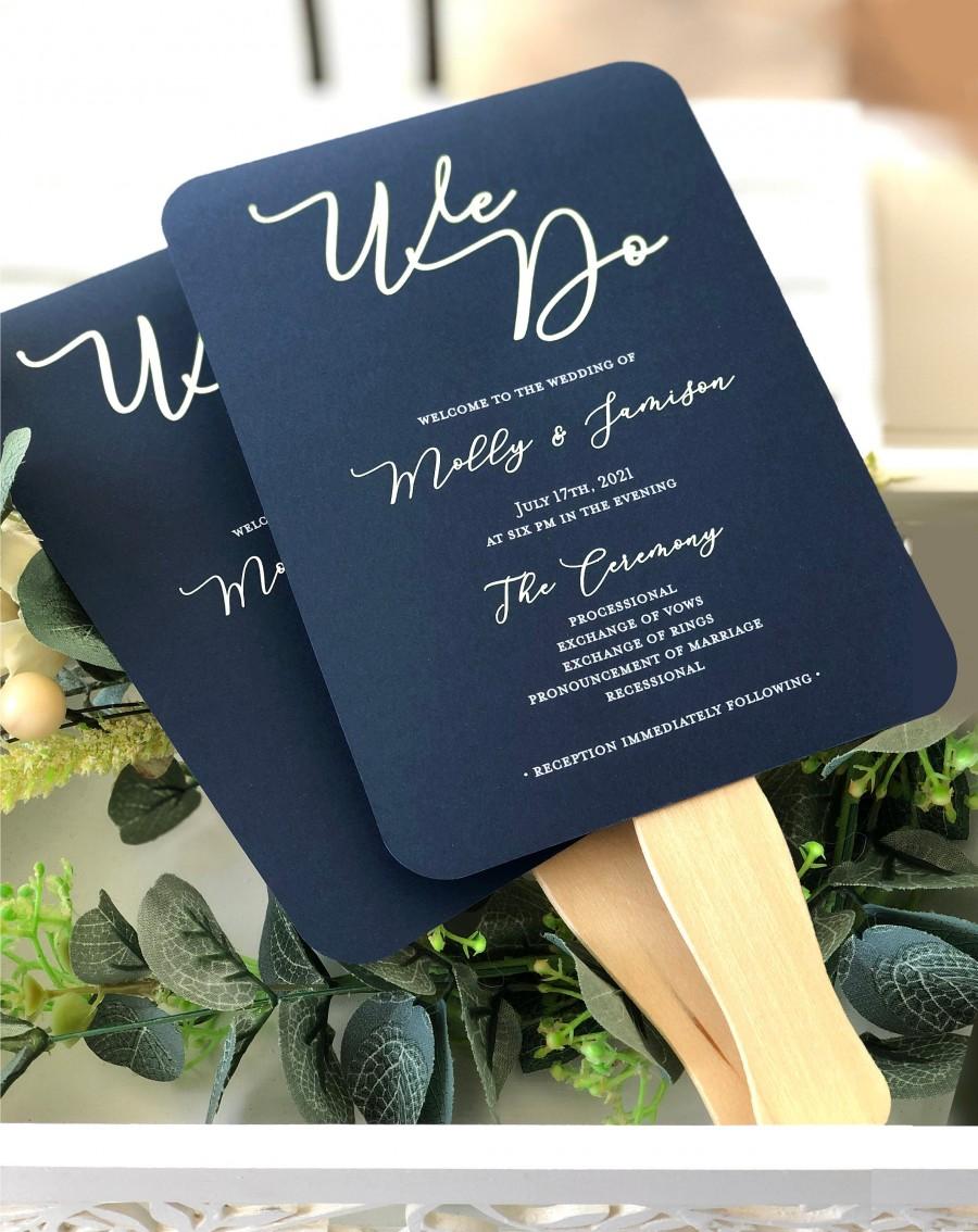 زفاف - We Do  Wedding Program Fans Navy and White - Wooden Sticks Included  - Navy Blue Wedding Program Fans - White Custom Text