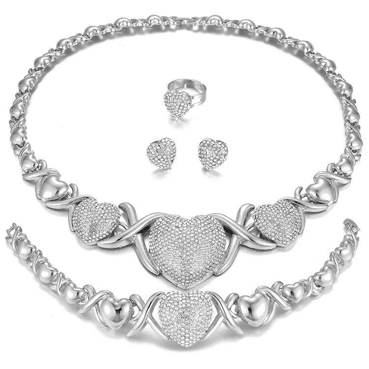 Wedding - Hugs & Kisses XO Set Heart Necklace Bracelet Earrings Ring 18k Layered real White  gold Plated Micro Pave CZ Fashion Jewelry Set