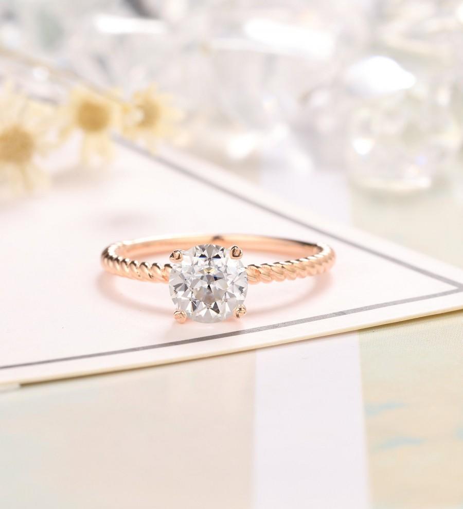 زفاف - Classic Rope Twist Band Ring, Old European Cut 6.5mm Moissanite Ring, 14k Gold Engagement Ring, Solitaire Wedding Ring, Dainty Promise Ring