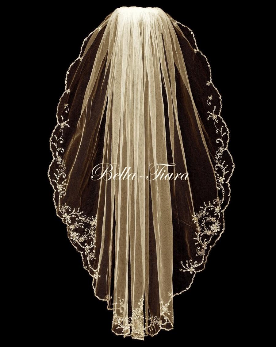 Свадьба - champagne gold wedding veil, gold edge beaded veil, gold beaded wedding veil, gold pearl edge veil, gold edge veil