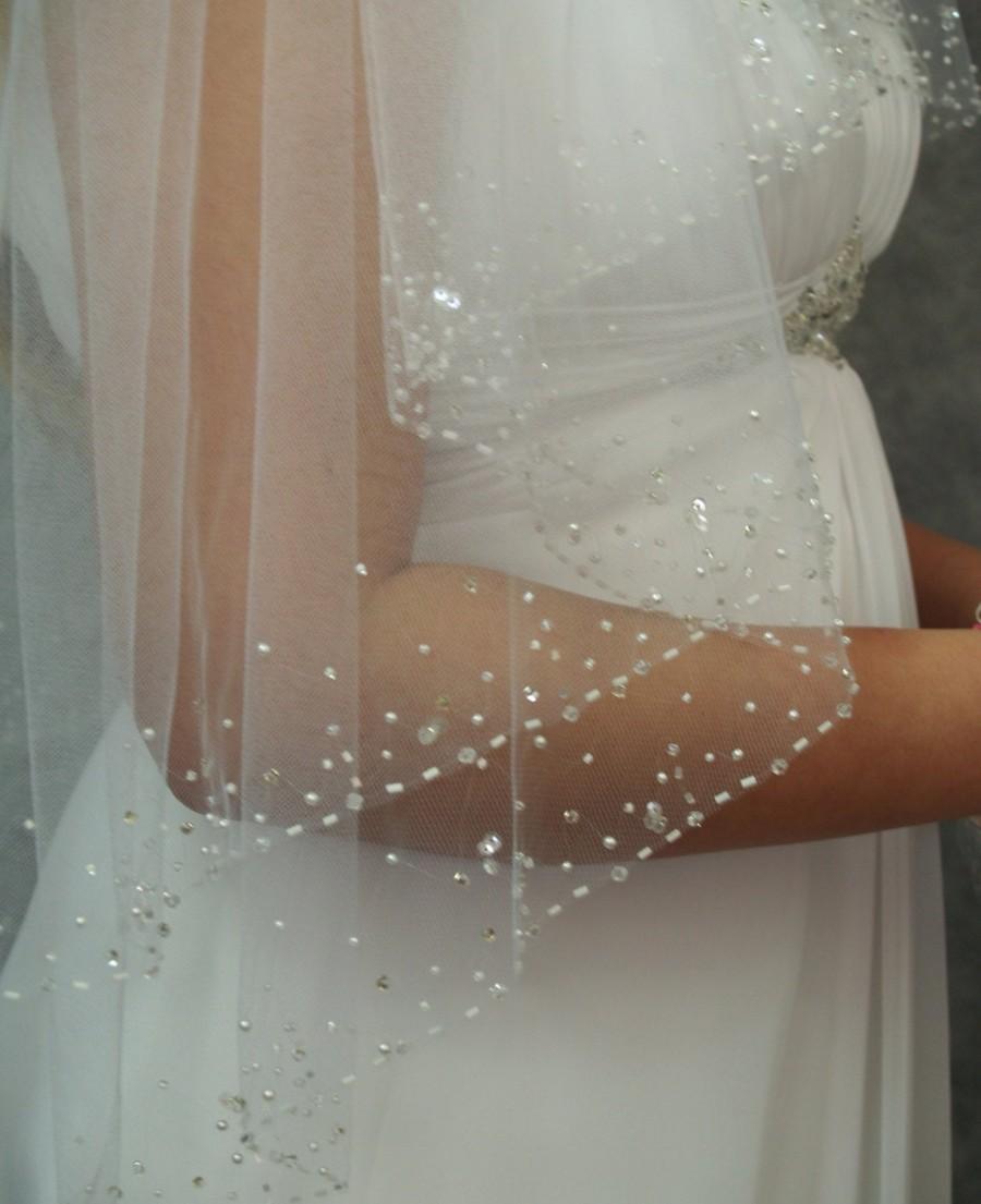 Hochzeit - Modern Bride Veil two tiers beaded border, long beads, sequins, sparkles, Add More to a Simpler gown, Bling Bridal Veil, Deco, Blusher