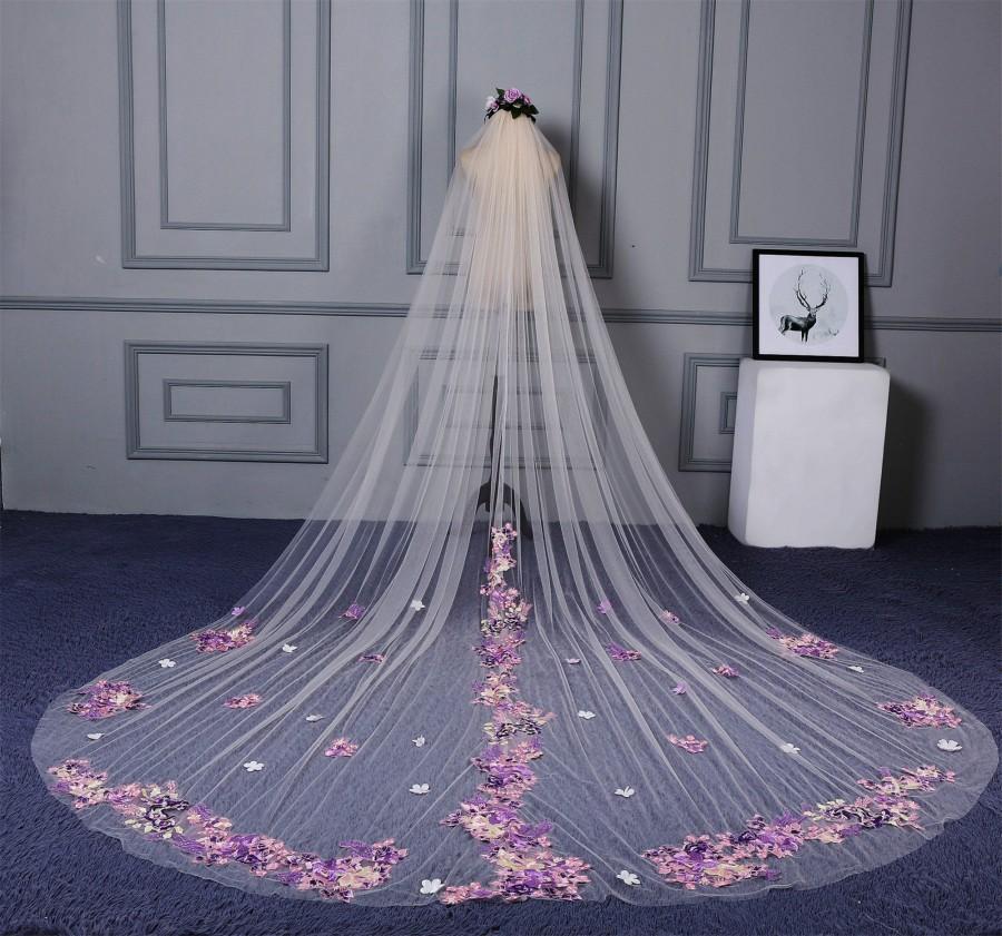 Wedding - White Wedding Veil Long Ivory Bridal Veil Pink and Violet Flower Bridal veil Cathedral Wedding Veil handmade Wedding Accessories