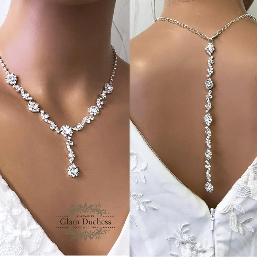 زفاف - Bridal Jewelry Set, Bridesmaid Jewelry Set, Silver Plated Leaf Flower Crystal Backdrop Necklace Set, Bridal V Shape Necklace and Earring Set