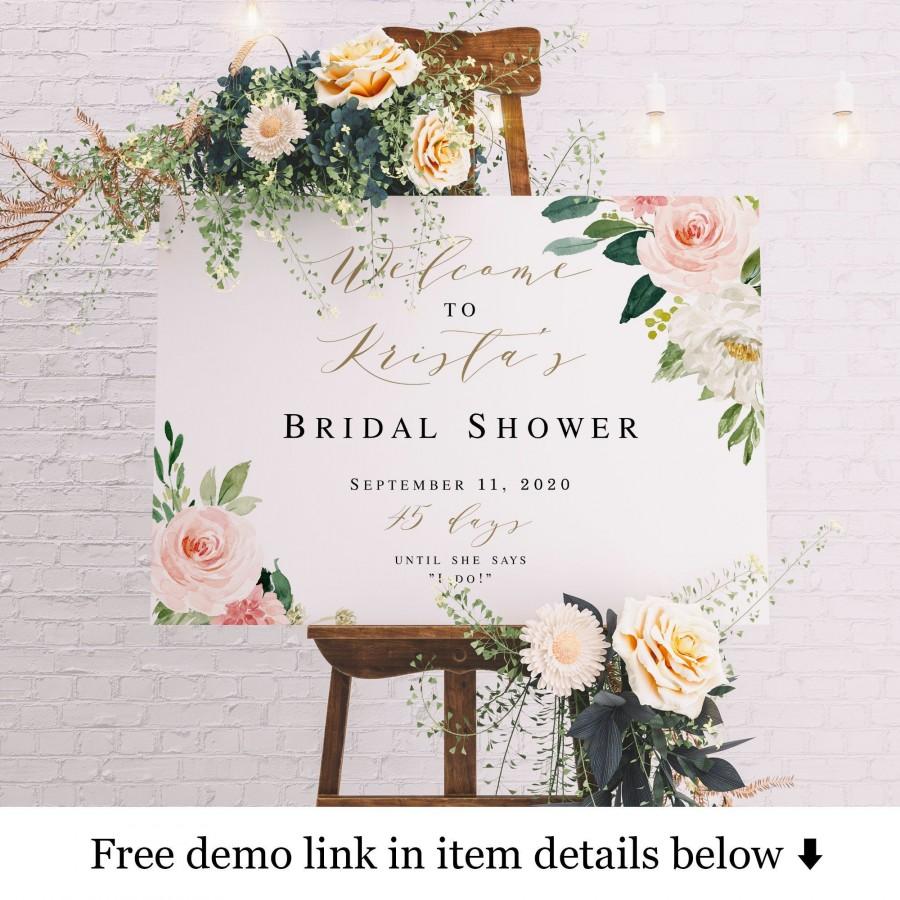 زفاف - Welcome To Bridal Shower Sign Template, Blush Floral Brunch, Wedding Countdown, Days Until She Says I Do, Hens Party Poster, Board #vmt323