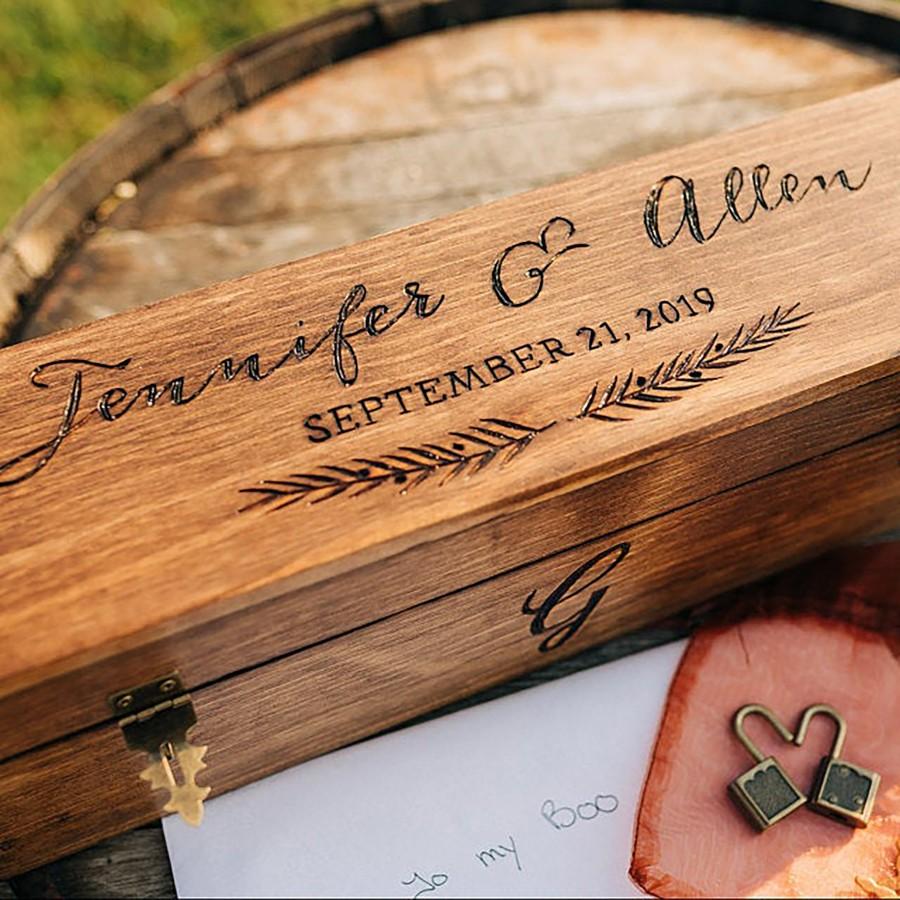 Hochzeit - Wedding wine box ceremony - Personalized rustic wooden wine and love letter box - with lock or nail it shut
