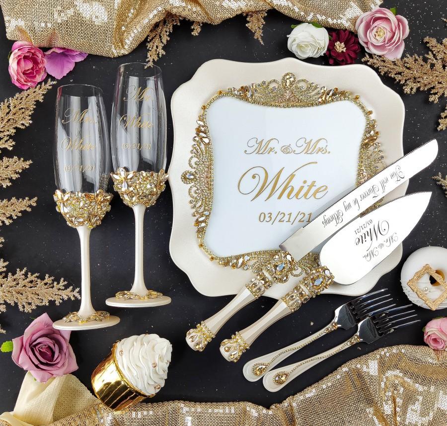 Wedding - gold wedding glasses and cake serving, wedding glasses for bride and groom gold, wedding flutes gold