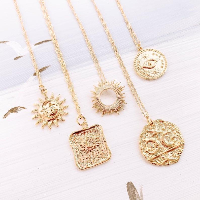 Mariage - Gold Coin Necklace Celestial Opal Jewelry gift Gold Medallion Personalized Necklace Moon Star Sun Eye Personalized Birthday Gifts for Her