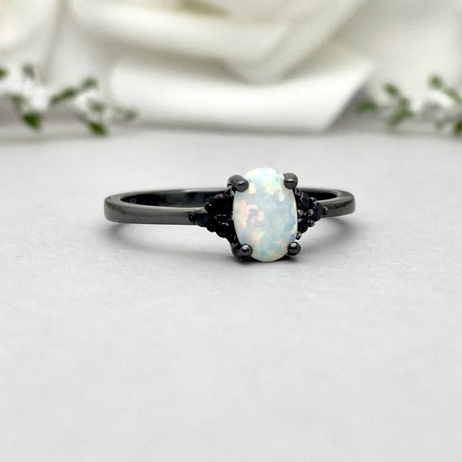 زفاف - Black Rhodium Oval White Fire Opal Ring Round Black Onyx Sterling Silver Engagement Ring Art Deco Lab White Fire Opal Promise Wedding Ring