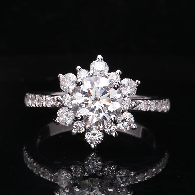 Hochzeit - Snowflake Moissanite Ring/1.0ct Round Cut Moissanite Halo Ring/Solid 14K White Gold Ring/Art Deco Engagement Ring / Wedding Ring Women