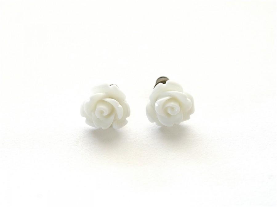 Mariage - Tiny Pure White Rose Earrings, White Wedding Earrings, Stud Earrings, Post Earrings Under 5