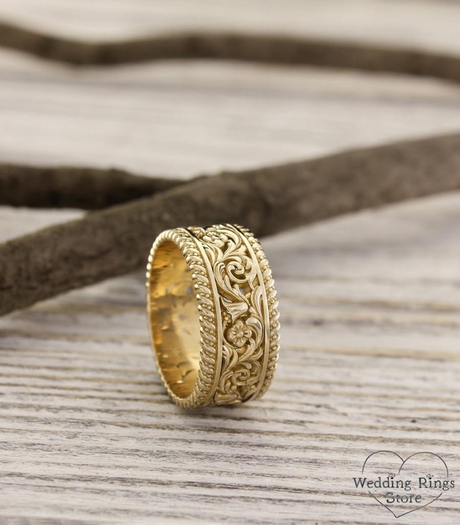 Wedding - Unique gold wedding band with flowers and leaves, Unusual nature ring, Filigree gold wedding band, Unique womens wedding band, Gift for her