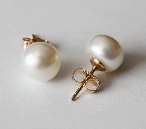 زفاف - 8-8.5 mm AAA gold filled genuine pearl earring studs-Real pearl stud earrings-Gold pearl studs-Bridesmaid earrings-Birthday gift-Wedding