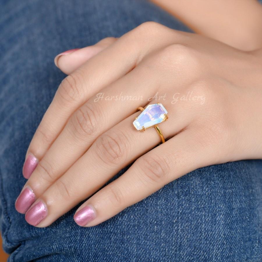 Свадьба - Opalite Coffin Ring - Sterling Silver Ring - 9x15mm Lab Created Gemstone - Gold Plated Ring - silver Ring - Prong Ring -Handmade Jewelry
