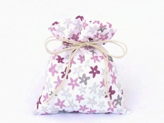 Wedding - 10 Party Favors Set - Table Decoration Cotton Gift Bags - Pink Purple Grey for Wedding Showers Baptism Birthday - Give away for Guests
