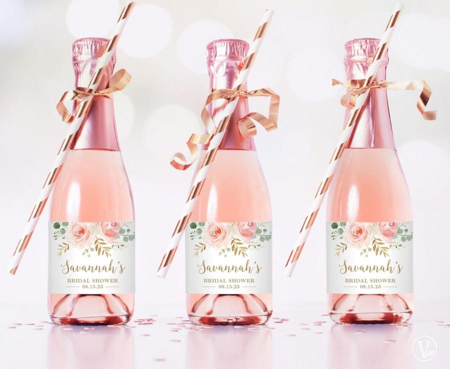 Wedding - Mini Bridal Shower Champagne Bottle Labels, Printable and Editable Mini Champagne Favor Label Template, Favors, Blus Pink Floral, VWC95
