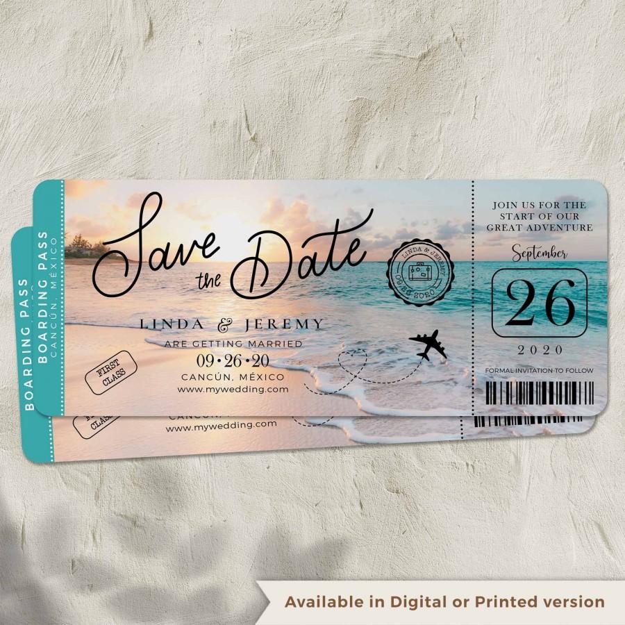 زفاف - Beach Boarding Pass Save the Date in Matte Cardstock perfect for a Destination wedding, beach wedding, Travel theme Wedding, Printed/Digital
