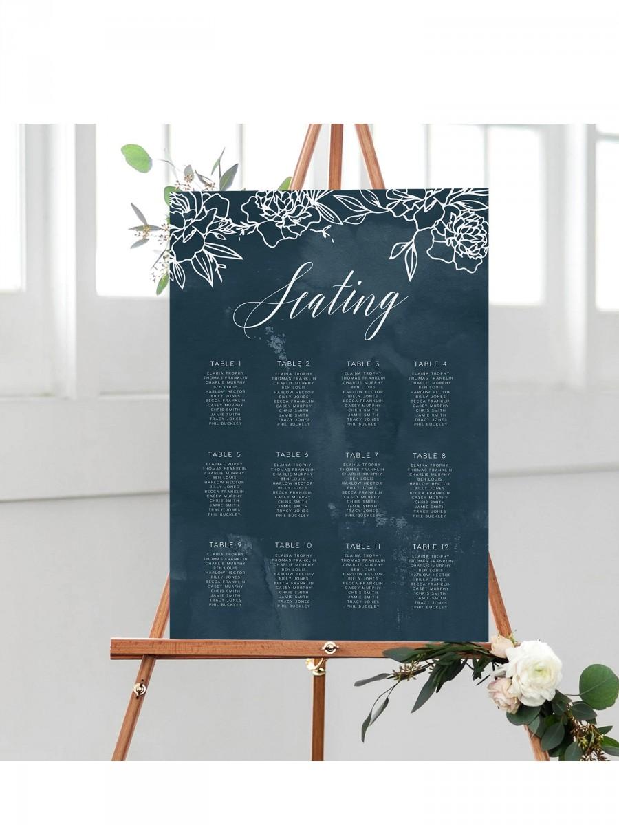 Wedding - Navy Seating Chart, INSTANT DOWNLOAD Portrait, Sign, Signage, Table Poster, Seating Plan, Table Layout, pink flowers, white, blue wd007b