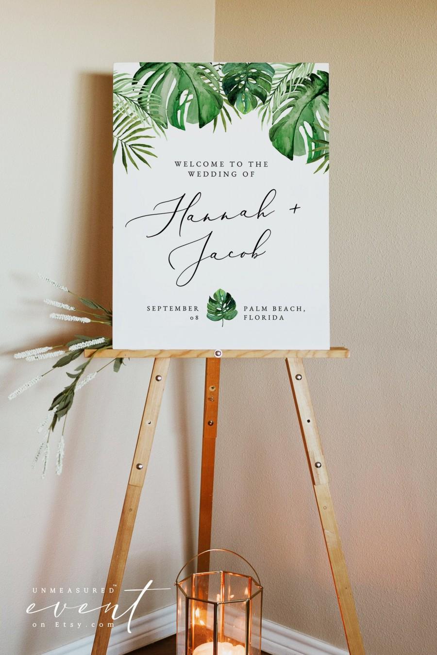 Hochzeit - CORA Tropical Wedding Welcome Sign Template, Palm Leaf Wedding Welcome Sign Printable, Beach Wedding Welcome, Island Ocean Monstera Welcome