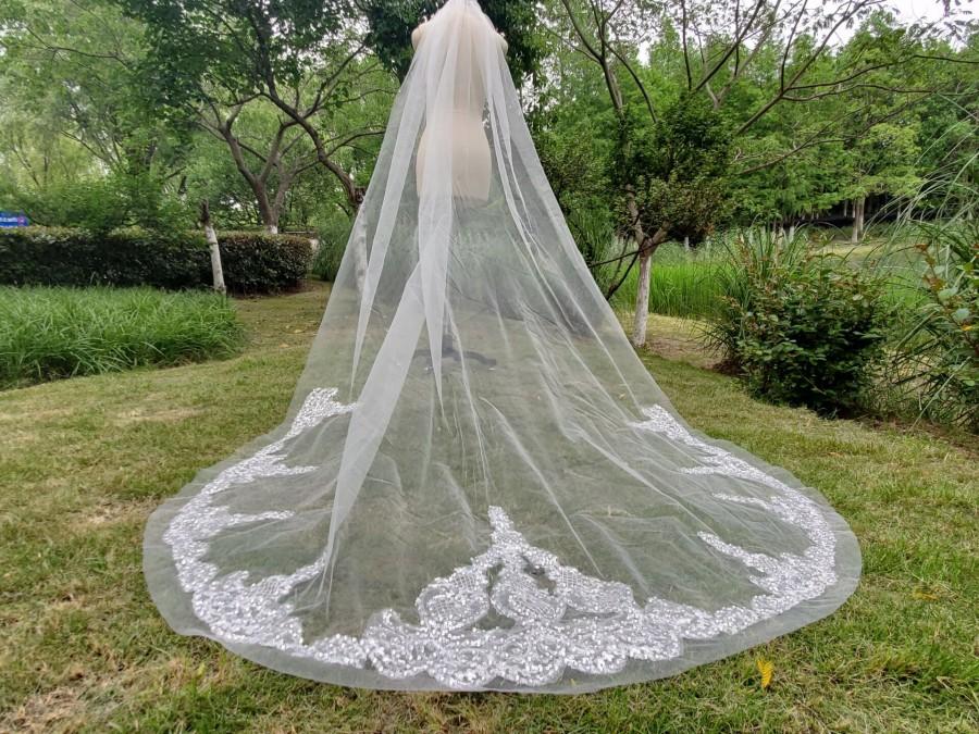 Hochzeit - Luxury Rhinestone Cathedral bride veil White Ivory Lace Vail 1 tier wedding dress veil bridal accessories & Comb Long 118“