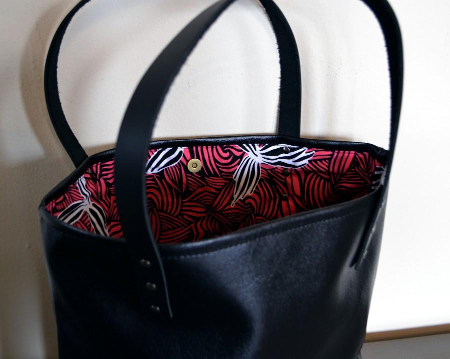 Wedding - Black Tote with Bright Pink, Black, and White Floral Pattern Inside
