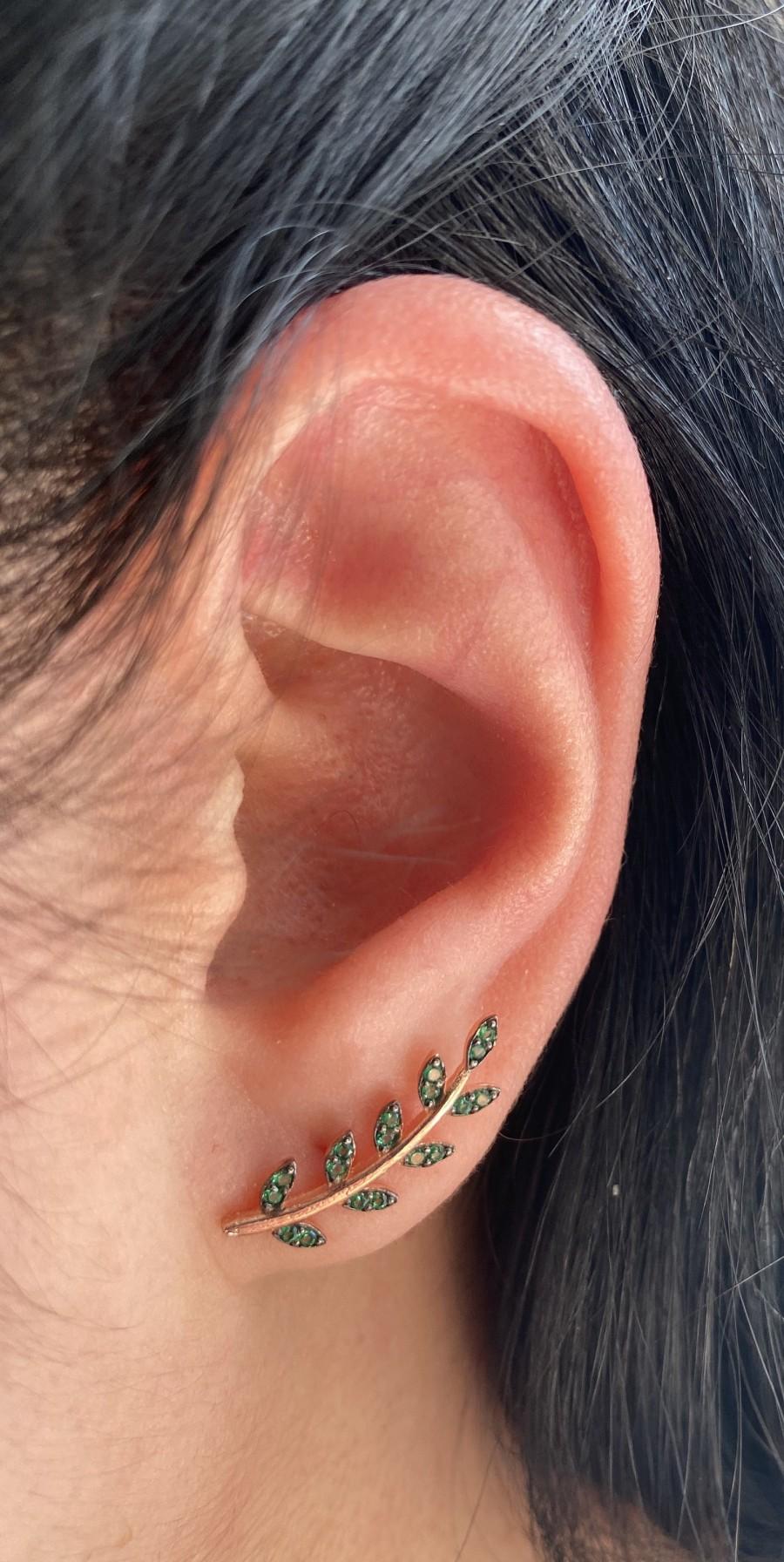 زفاف - Silver Stud Leaf Earrings, Rose Silver with Green Stones, Bridal Earrings, Bridesmaid Gift