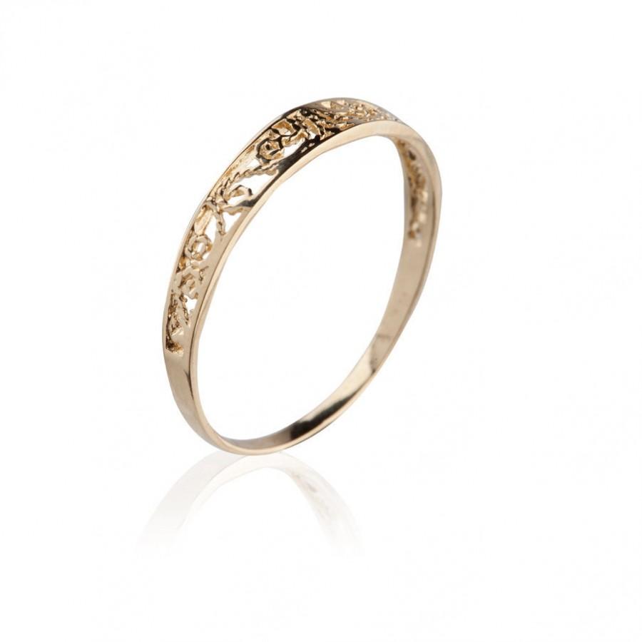 زفاف - Thin Filigree Ring, 14K Gold Wedding Band, Unique Handmade Lace Filigree Fine Vintage Style Ring