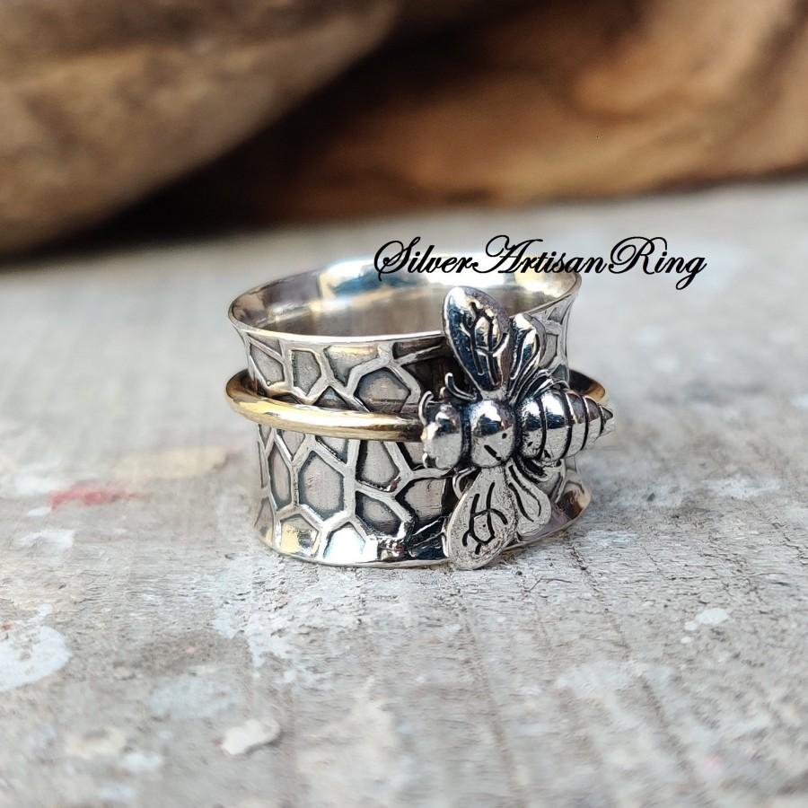 زفاف - Honey Bee Spinner Ring ,925 Sterling Silver Ring ,Meditation Ring, Silver Jewelry ,Worry Ring, Anxiety Ring ,Beatiful Ring, Brass Ring