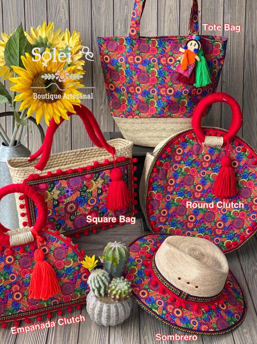 Wedding - Mexican Floral Bag Set. Mexican Artisanal Clutch. Floral Traditional Sombrero. Matching Bags. Mexican Purse with Tassels. Matching Set.