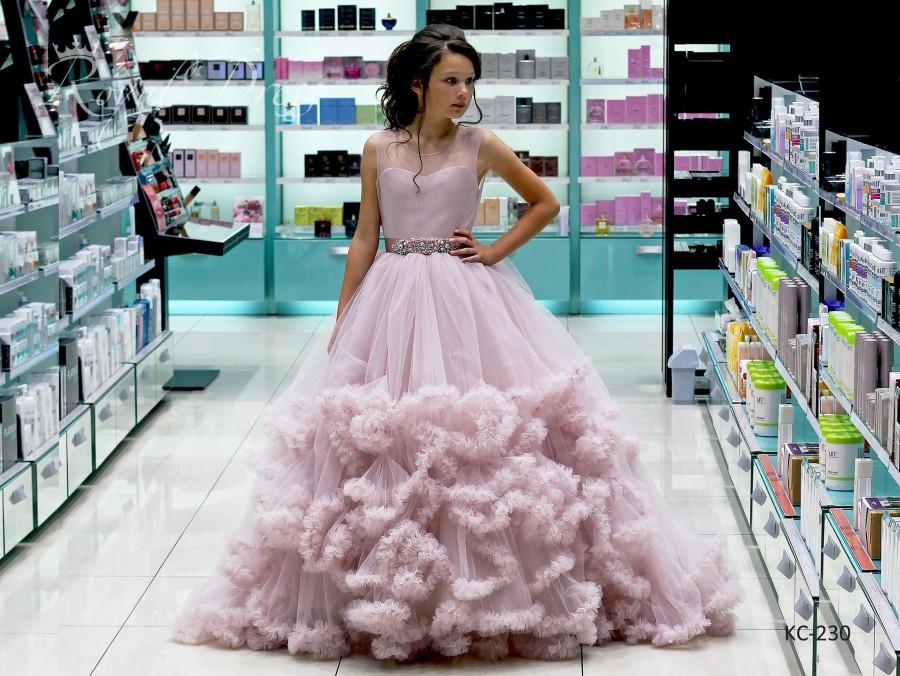 Hochzeit - Blush Pink Tulle Flower Girl Dress, Rhinestone decorated belt, Communion dress, Lace Flower Girl Dress , Birthday Girl Dress, Tutu Dress