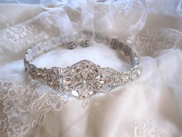 Mariage - Jane Wedding Beaded Jeweled Crystal Belt Sash Brooch Organza Ribbon