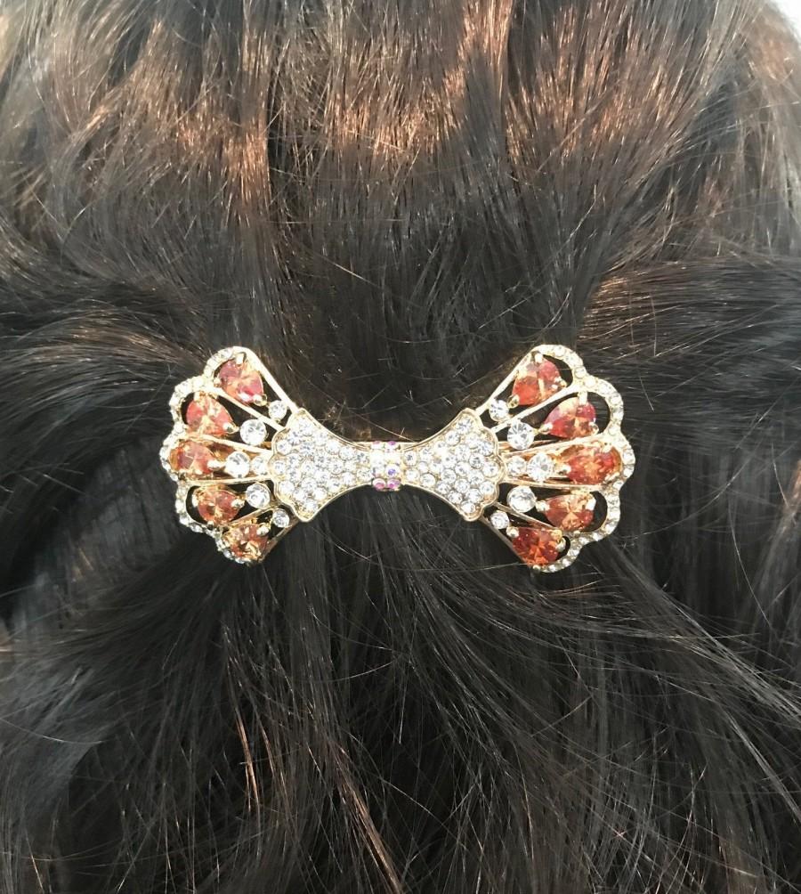 Hochzeit - New Topaz Crystal  & Rhinestone Bow Hair 3 '' Barrette
