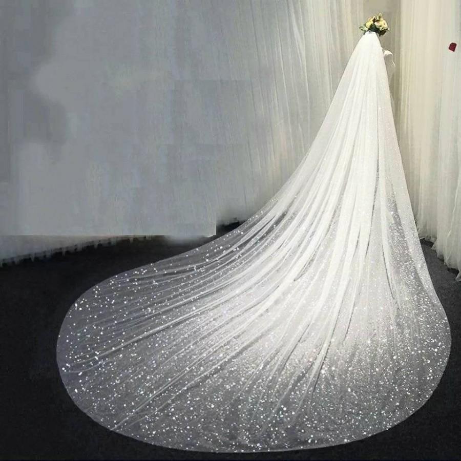 Hochzeit - Cathedral Wedding Veil with Sparkle/ Glitter Chapel bridal veil/ Handmade veils for brides/ wedding veils with Glitter/ White or Ivory