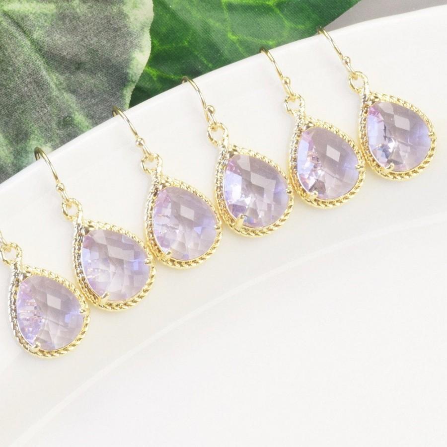 Hochzeit - Bridesmaid Jewelry Gift SET OF 6 Lavender Drop Earrings Gold Light Purple Crystal Teardrop Bridesmaid Earrings Wedding Party Gift Jewelry 