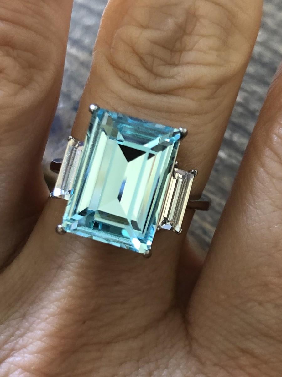 زفاف - Blue Aquamarine Ring, Stainless Steel,  March Birthstone, Emerald 9CT, Engagement Ring