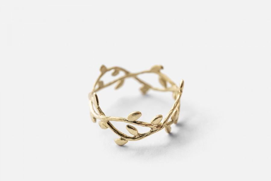 زفاف - 14K Gold Delicate Nature Inspired Ring, Gold Leaf Branch Ring, Wreath Crown Wedding Ring