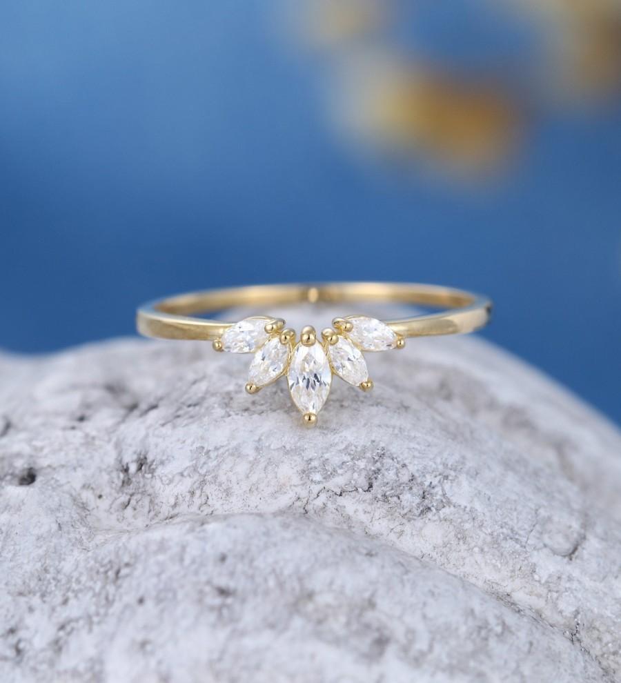 Mariage - Curved  wedding band women Solid 14K Yellow gold diamond wedding band marquise cut Moissanite ring stacking matching anniversary gift  ring