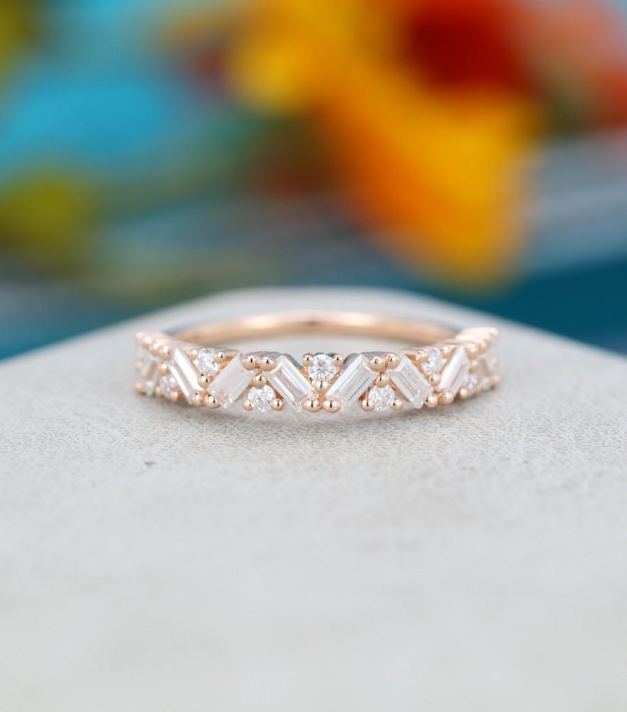 Wedding - Unique Half Eternity Baguette cut Moissanite wedding band vintage Rose gold wedding band women Matching band Bridal Promise gift for her