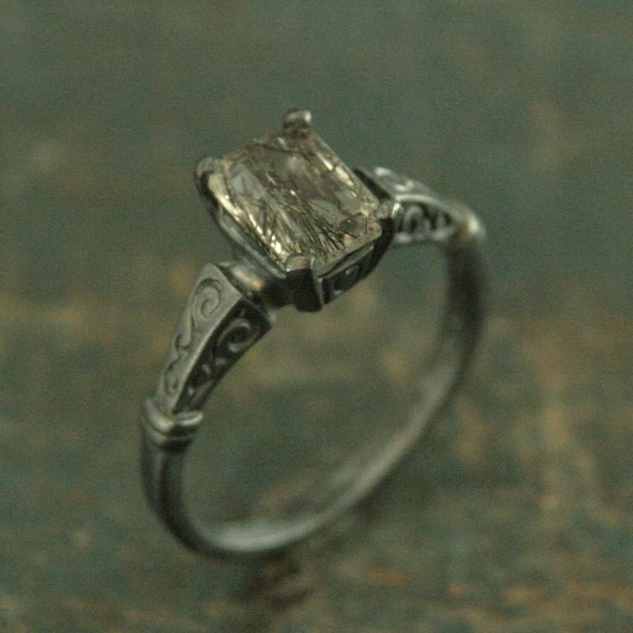 زفاف - Emerald Cut Ring Tourmalinated  Quartz Engagement Ring Black Silver Rutilated Quartz Oxidized Black Ring 7mmx5mm Stone Dark Eve Gothic Ring