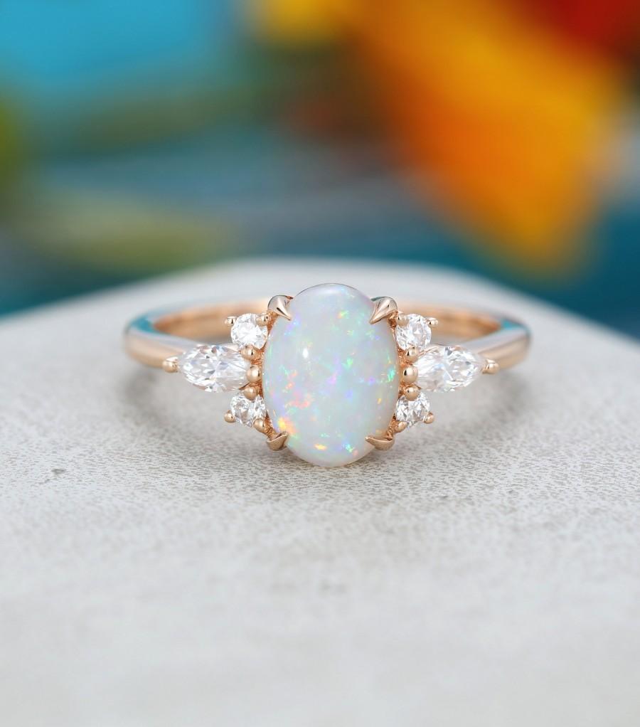 Wedding - Oval Opal engagement ring Rose gold Unique Cluster engagement ring vintage Marquise diamond wedding Bridal Anniversary gift for women