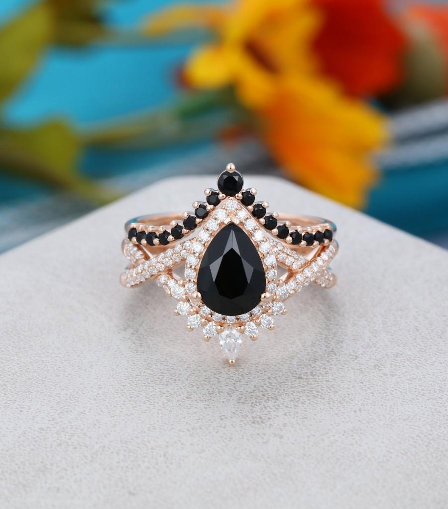 Hochzeit - 2PCS Pear shaped Black onyx engagement ring set Unique Art deco Rose gold engagement ring vintage Curved wedding Anniversary gift for women