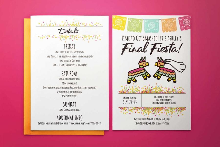 Mariage - INSTANT DOWNLOAD! 5x7" Final Fiesta Mexico Bachelorette Party Downloadable Printable Bridal shower Invitation Itinerary Template!
