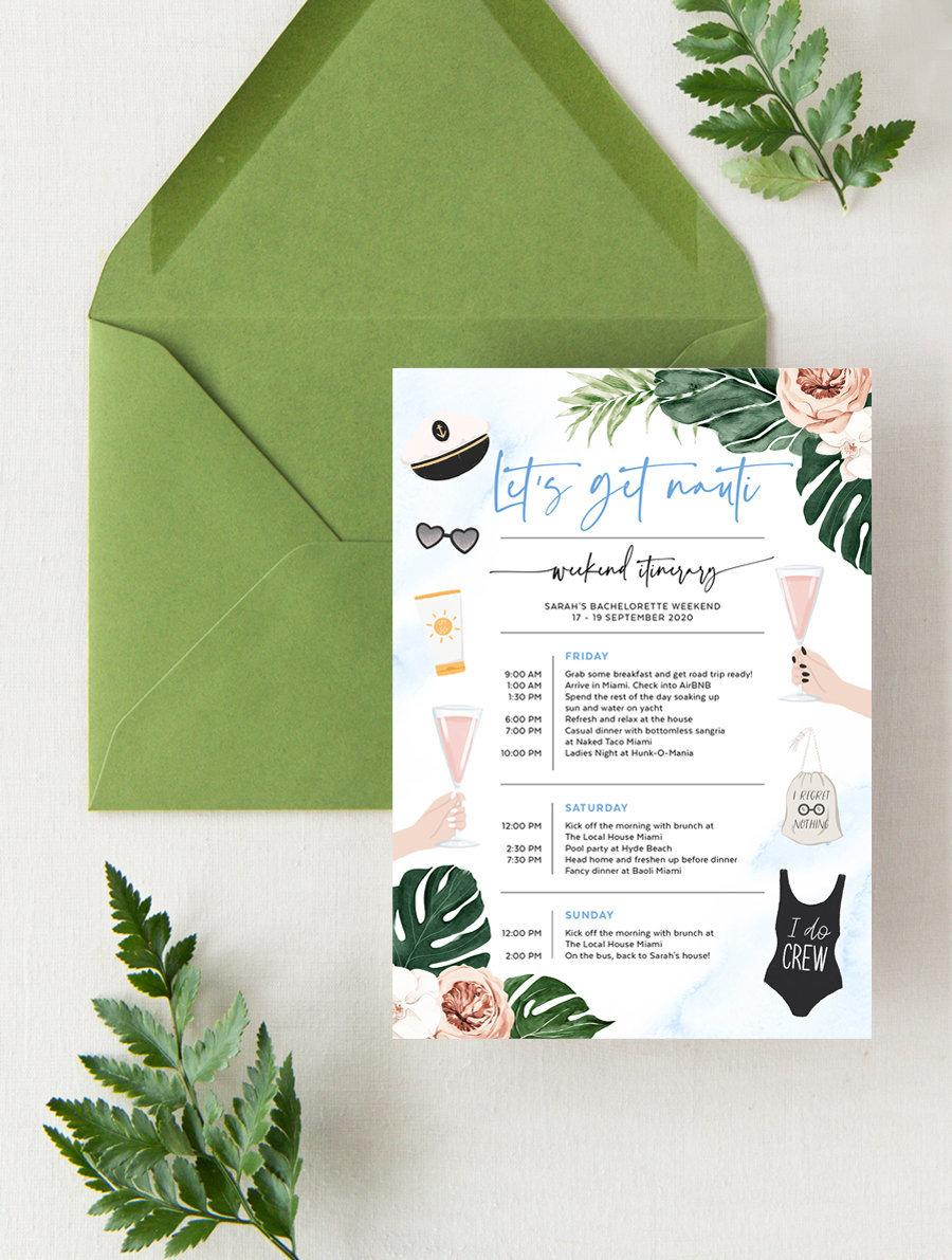 Wedding - Bachelorette Itinerary Template, Hens Weekend, Beach, Nautical, Boat Cruise, Tropical, Palm Leaf, Florida, Editable, Instant Download TROP12