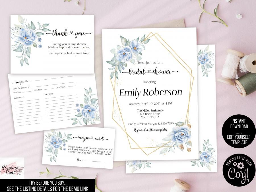Hochzeit - Dusty blue Bridal shower Invitation set , Blue floral bridal shower Invite, Blue rose bridal shower invitation bundle, Instant Download