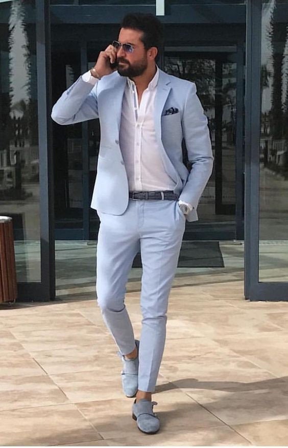 Hochzeit - Men Suits, Wedding Suits, 2 Piece Groom Wear, Light Blue One Button Body Fit Suits,