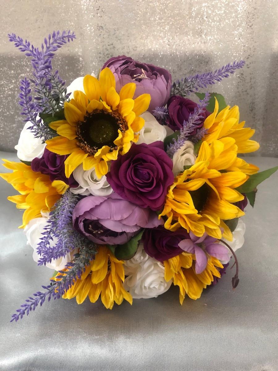 زفاف - Purple sunflower bouquet, Purple roses Bride bouquet, Bridesmaids bouquet, Summer Wedding bouquet, autumn bouquet