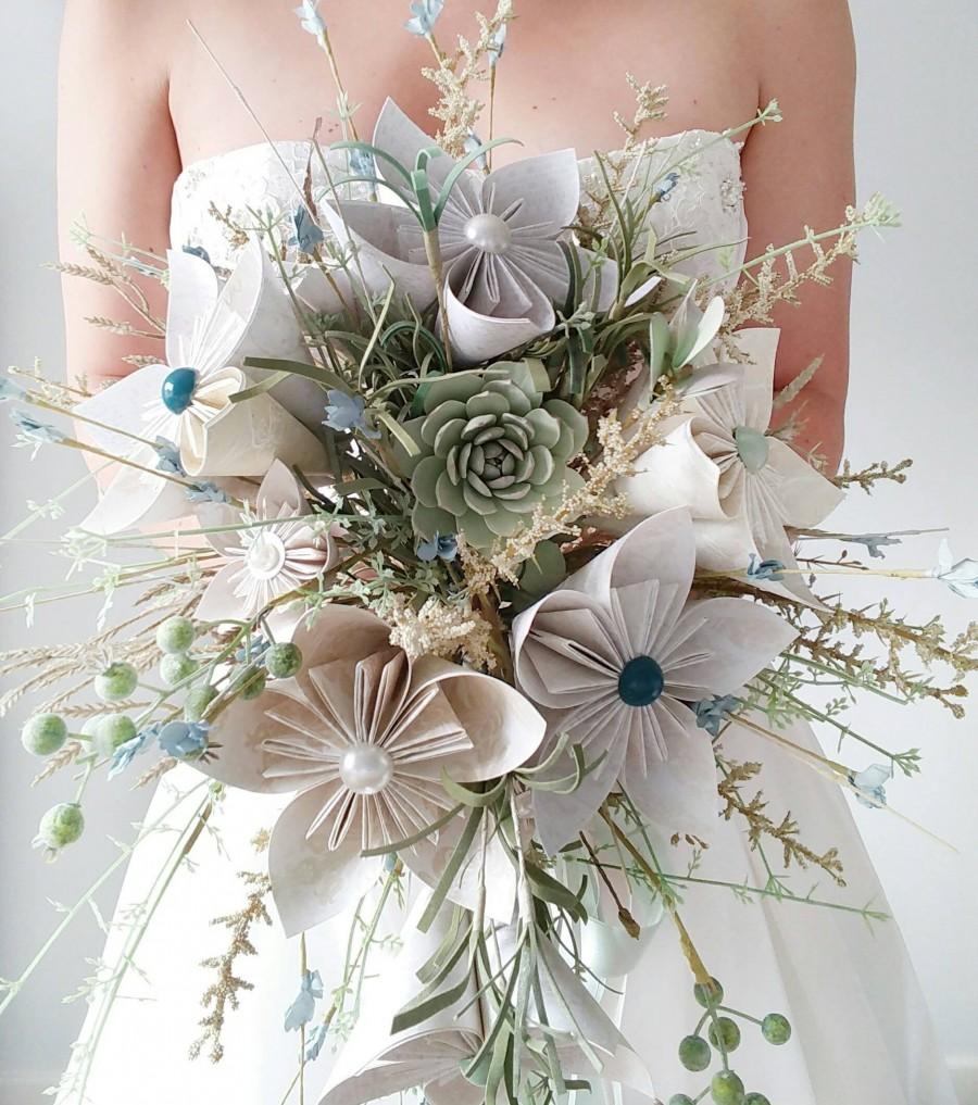 Wedding - Origami Star Flower & Silk Flower Foliage Rustic Bridal Bouquet
